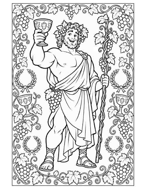 Doodle-style coloring page of Dionysus for teens and adults