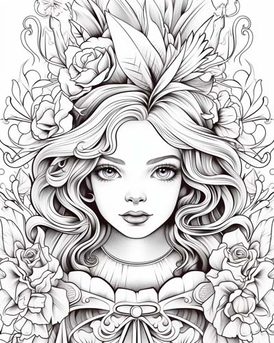 
Anthousa peeking out from the blossoms coloring page