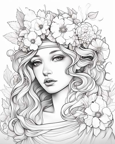 Coloring page of a nymph with flowers in her hair