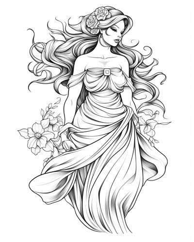 Coloring page of a flower nymph