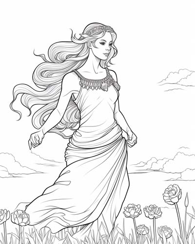 Epimeliad in a flowery meadow coloring page