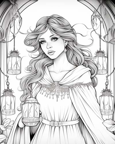 Lampad with her lamps coloring page