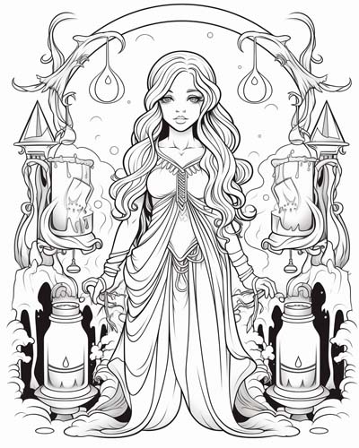 coloring page of a Lampad in a cave