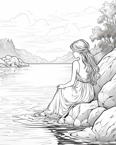 coloring page of a Naiad near her lake