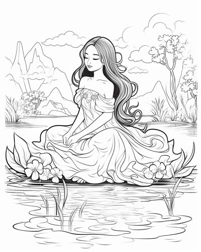 coloring page of a Naiad sitting in her pond
