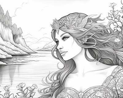 coloring page of a Naiad guarding her river 