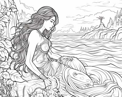 coloring page of a Naiad and her river