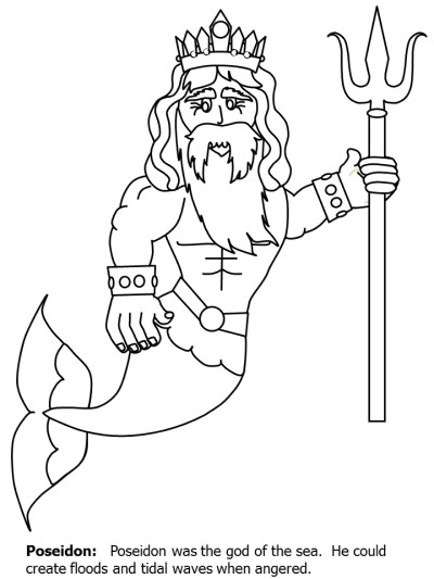 simple Poseidon coloring page with text information 