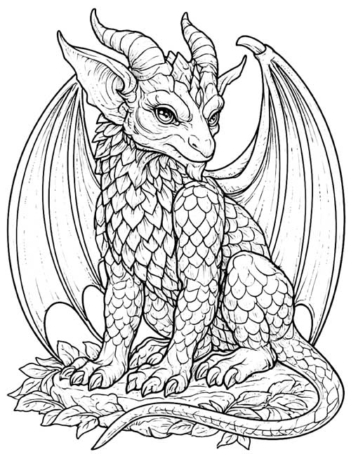 detailed coloring page of a gargoyle with scales
