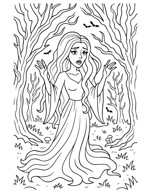 easy Halloween coloring page of a ghost in the forest