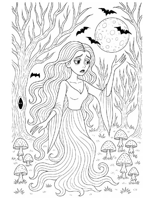 Halloween coloring page of a banshee in the forest