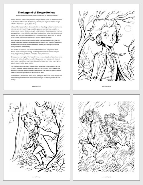 thumbnail of the Legend of Sleepy Hollow pdf - 2x2 grid of the text and three coloring pages