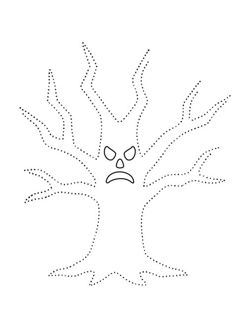 easy Halloween outline coloring page of a spooky tree