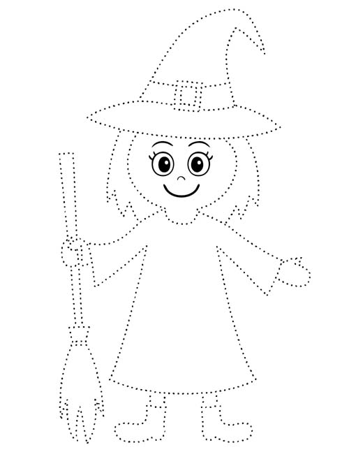 easy Halloween outline coloring page of a witch