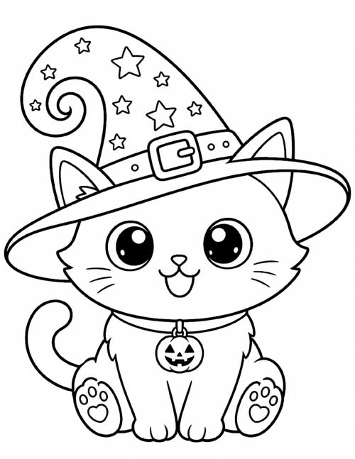 Cartoon coloring page of a cute Halloween cat wearing a curly witch's hat