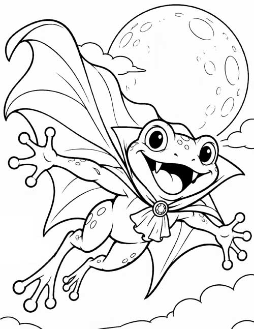 cartoon coloring page of a vampire frog flying past the moon