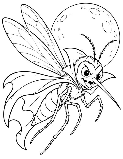 cartoon coloring page of a vampire mosquito with a cape flying in front of the moon