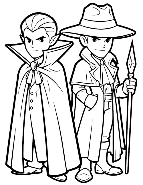Coloring page of a cartoon vampire in a tall collar cape beside a hunter in a wide brimmed hat holding a spear
