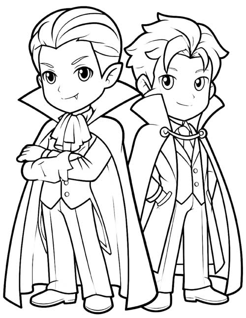 Coloring page of a cute vampire and vampire hunter standing side by side