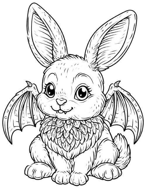 detailed coloring page of a vampire bunny with bat wings