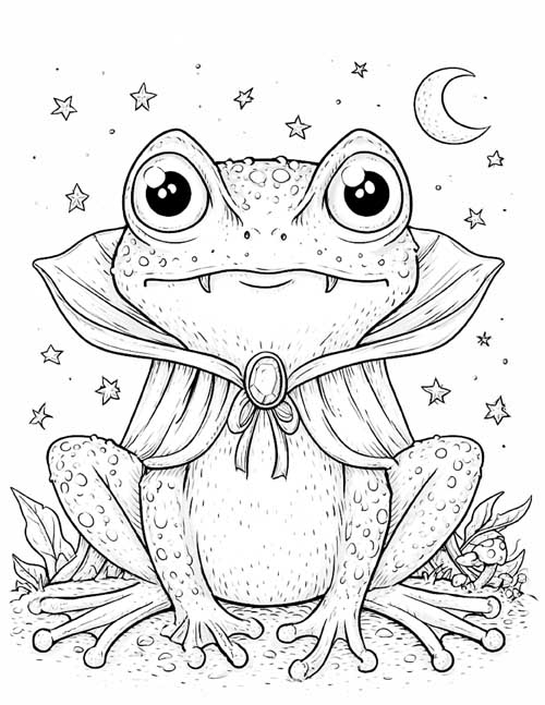 detailed coloring page of a vampire frog in a cape under the stars