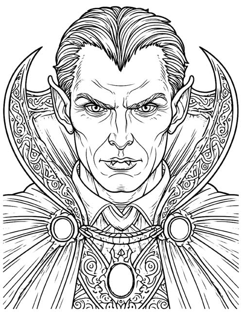 detailed coloring page of a vampire, portrait