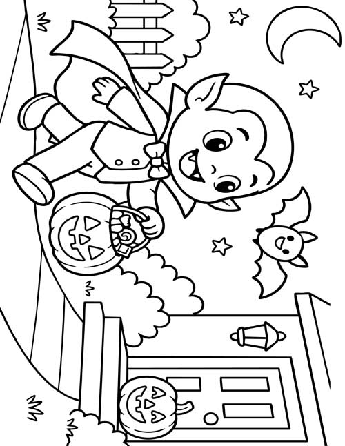 Coloring page of a little vampire in a cape walking up a path with a jack-o'-lantern candy bucket