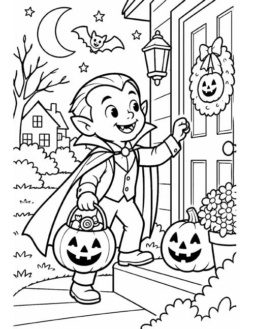Coloring page of a little vampire knocking on a door with a pumpkin bucket of candy