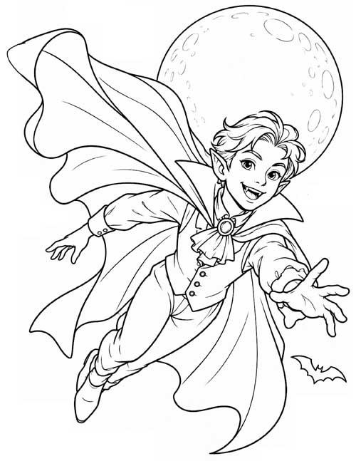 coloring page of a teen vampire flying in front of the moon
