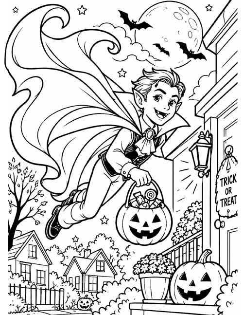 Coloring page of a teen vampire flying over a neighborhood with a swirling cape and a pumpkin candy bucket