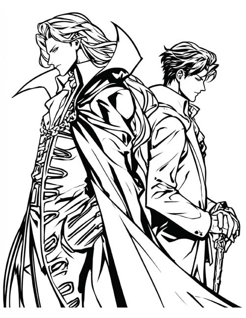 Coloring page of a vampire and vampire hunter standing back to back in a bold graphic style