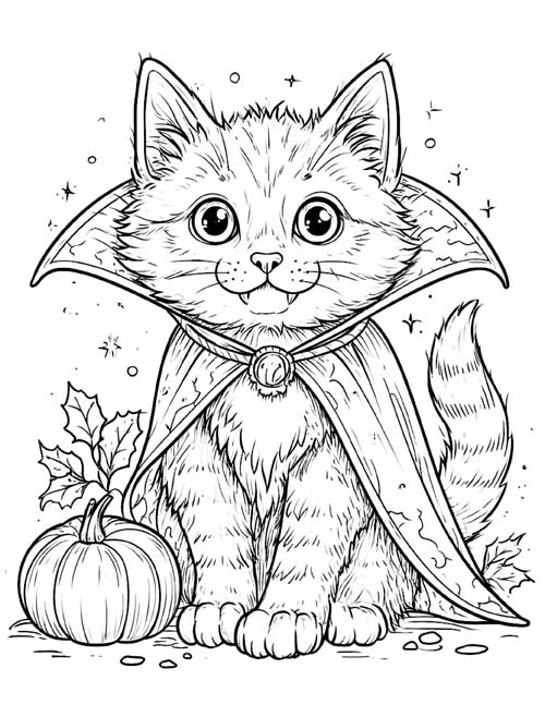 detailed coloring page of a vampire cat with bat wings