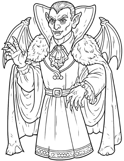 Coloring page of a vampire with wings