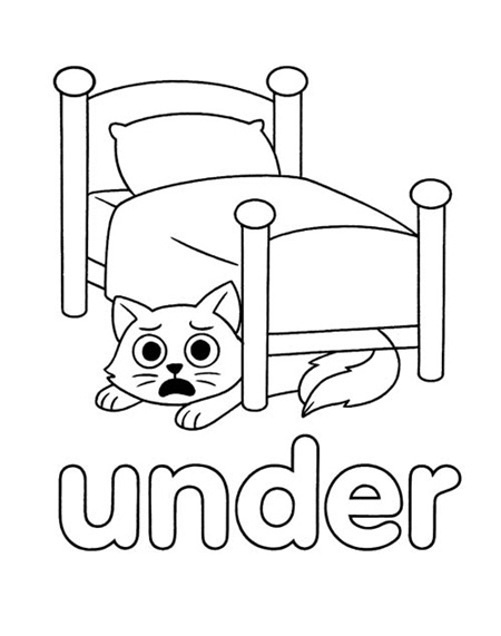 simple vocabulary word coloring page of a cute cat under a bed