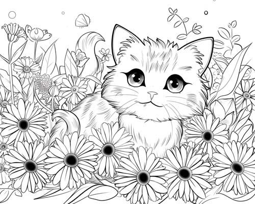 coloring page of a cat and daisies