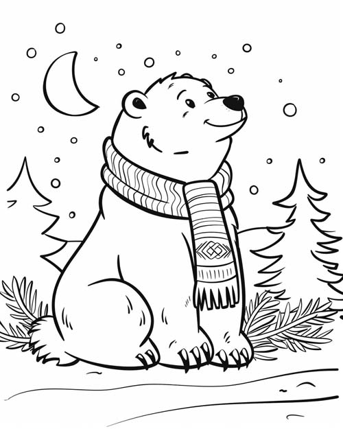 winter solstice coloring page of a bear watching the night sky