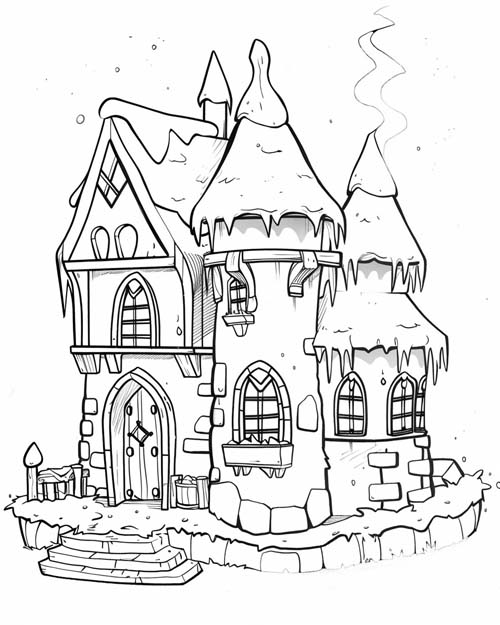 coloring page of a frosty cottage