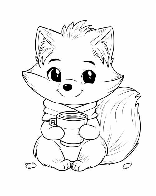 coloring page of a fox drinking hot chocolate