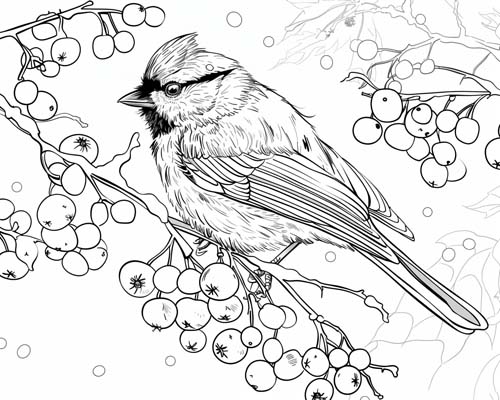 coloring page of a black-capped chickadee and winter berries