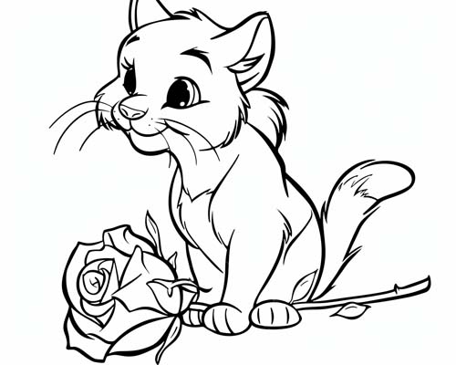 coloring page of a kitten and a rose
