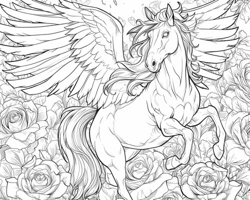 coloring page of a pegasus and roses