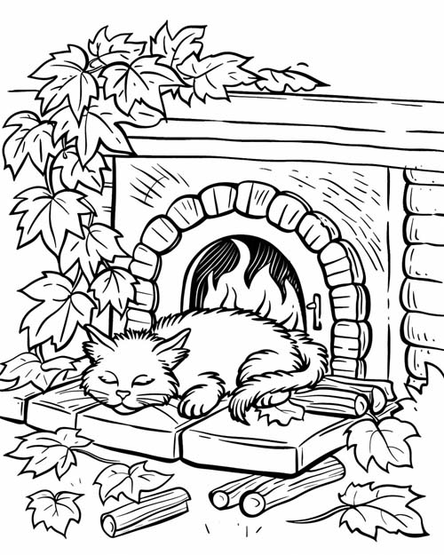cozy cat nap coloring page in autumn