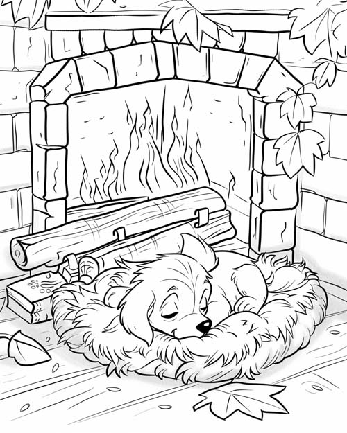 coloring page of a puppy napping by the fire