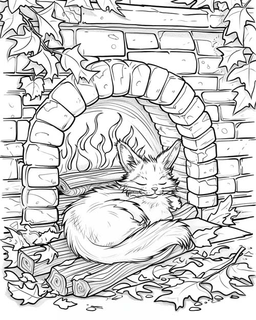 coloring page of a cat napping by the fire