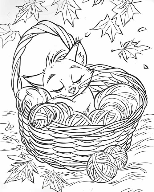coloring page of a cozy cat nap in the wool basket