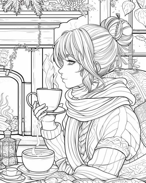 coloring page of a girl sipping tea