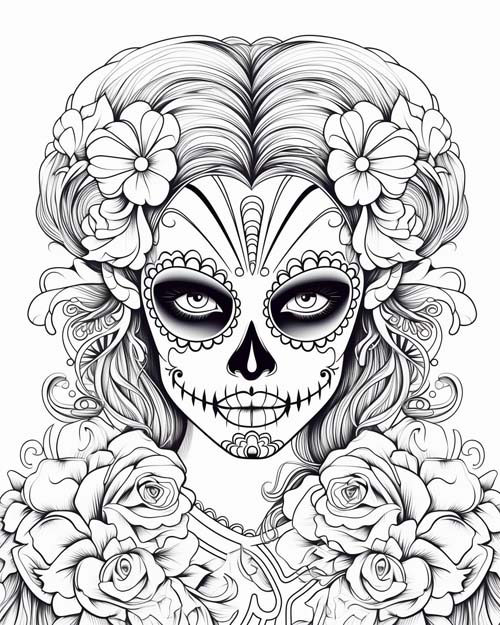coloring page of day of the dead woman