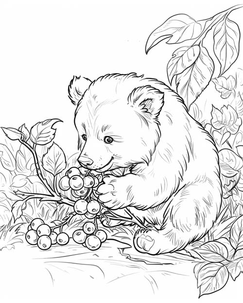 coloring page of a bear eating berries