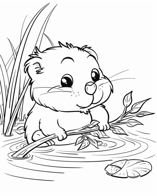 coloring page of a beaver with a leafy branch