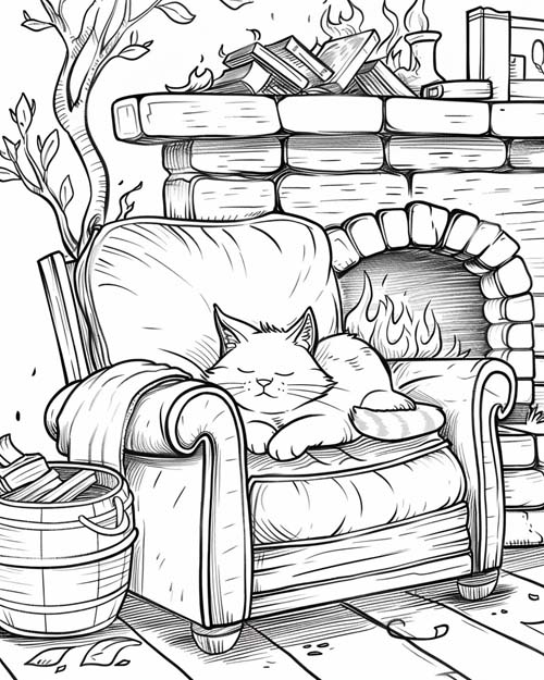 coloring page of a cat by the fireplace